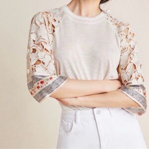 Unique Lace and Silk Sleeve Cream Top from Anthropologie